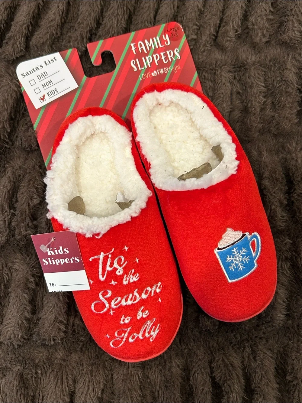Kids Red Holiday Slippers with Sherpa Lining - 'Tis the Season to be Jolly